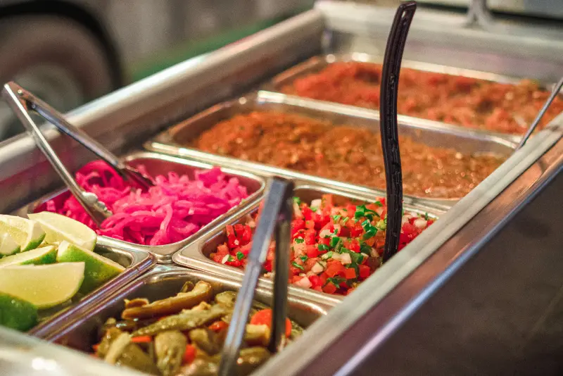 The salsa bar: marinated onions, pico de gallo, pickled jalapeños, limes and salsas